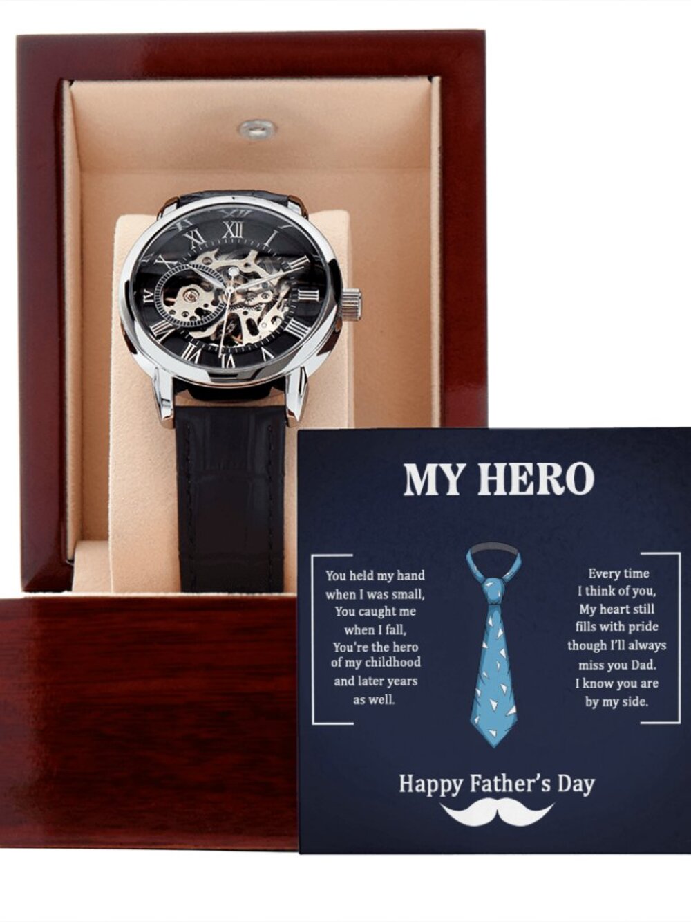 Dad My Hero Men's Openwork Skeleton Automatic Watch Message Card